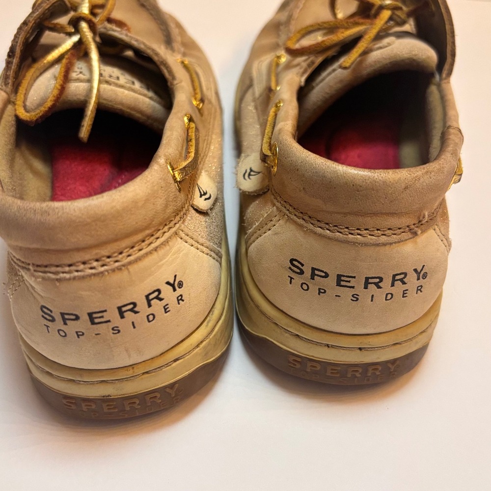 Sperry Top-Sider Women 9M Tan Leather Gold Metallic Boat Shoes boat Shoes Sperry - Picture 7 of 9